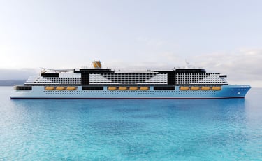 nave da crociera ecologica con mare e cielo, Alizeè nave con pannelli solari e turbine eoliche azzur